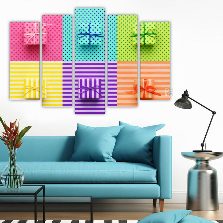 Set of Colorful Gifts on Wrapping Paper. Pop Art, Minimal Style Background. Cheerful Greeting Card, Flyer, Poster, Voucher, or Banner.
