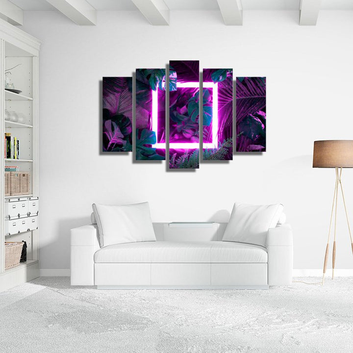 Picture of Pink Neon Lamp on Palm Leaves