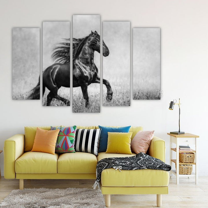 The Black Friesian Stallion in the Autumn Foggy Field