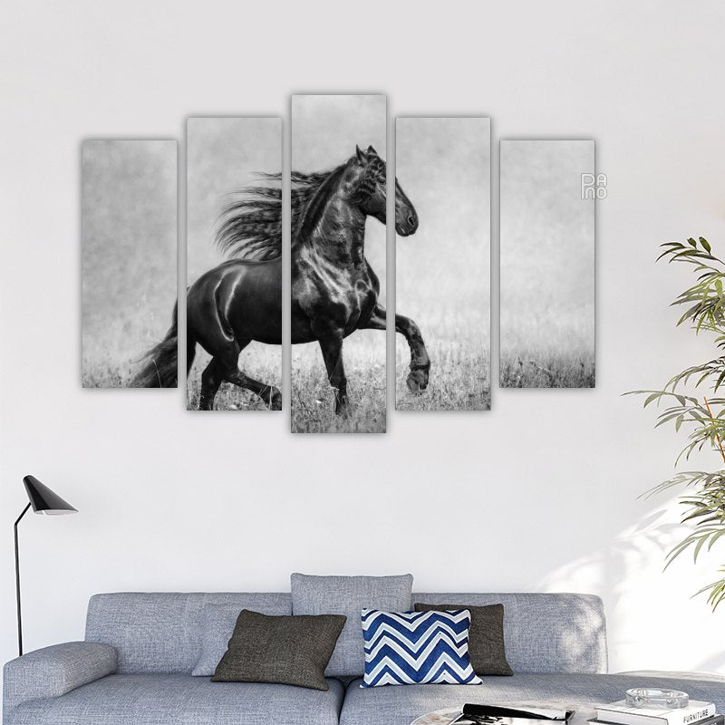 The Black Friesian Stallion in the Autumn Foggy Field