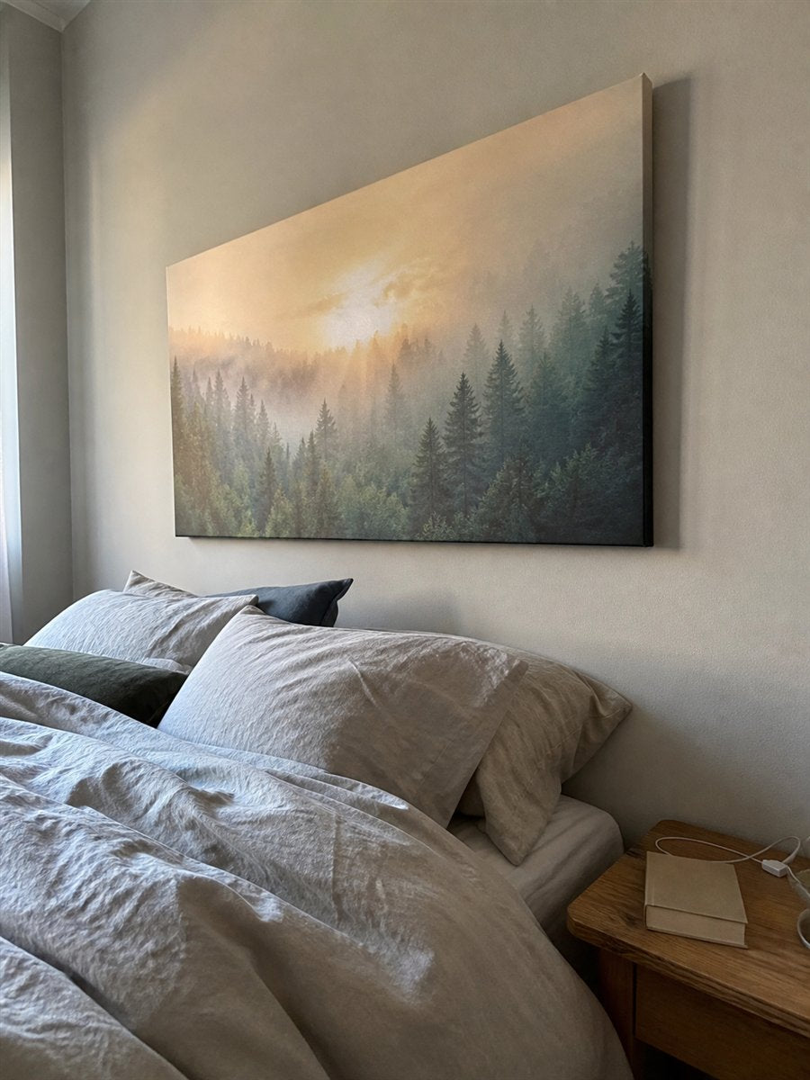 Illustrative customer photo of stretched canvas in a home setting